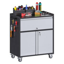 SUXXAN Metal Storage Cabinet with 4 Hooks & Pegboard,35.4" H Top Workbench Mobile Tool Chests Garage Cabinets with 4 Wheels,Lockable Tool Cabinets for Home,Office,Shop