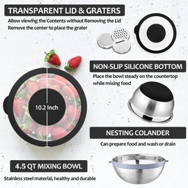 E-far Colander with Mixing Bowl Set, 4-1 Stainless Steel Colander Strainers Bowl with Graters for Kitchen, Rotatable Food Strainer Bowl for Rinsing Fruits Vegetables/Draining Pasta - Black