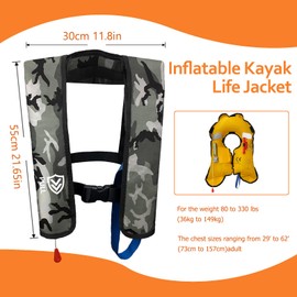 VOGUCCLO Automatic/Manual Inflatable Life Jacket| Inflatable PFD Kayak Vest Adult| Life Vest for Adults| Outdoor Water Sports| Supports up to 330 lbs|33g of Carbon Dioxide Cylinder (607W Camouflage)
