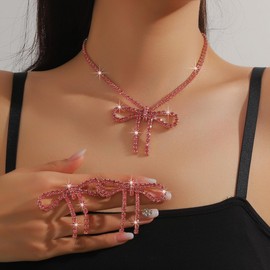 Unique Rhinestone Bow Pendant Bling Crystal Choker Pendant Necklace and Earrings Set Chic Boho Bow Tie Necklace for Women,Cute Dainty CZ Y2K Necklace Statement Vintage Jewelry Set