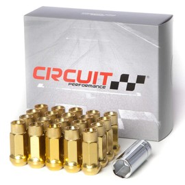 Circuit Performance Forged Steel Extended Open End Hex Lug Nut for Aftermarket Wheels: 12x1.5 Gold - 20 Piece Set + Tool
