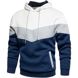 Wielsscca Mens Hoodies Pullover Color Block Fleece Sweatshirt Tops with Pocket White XXL