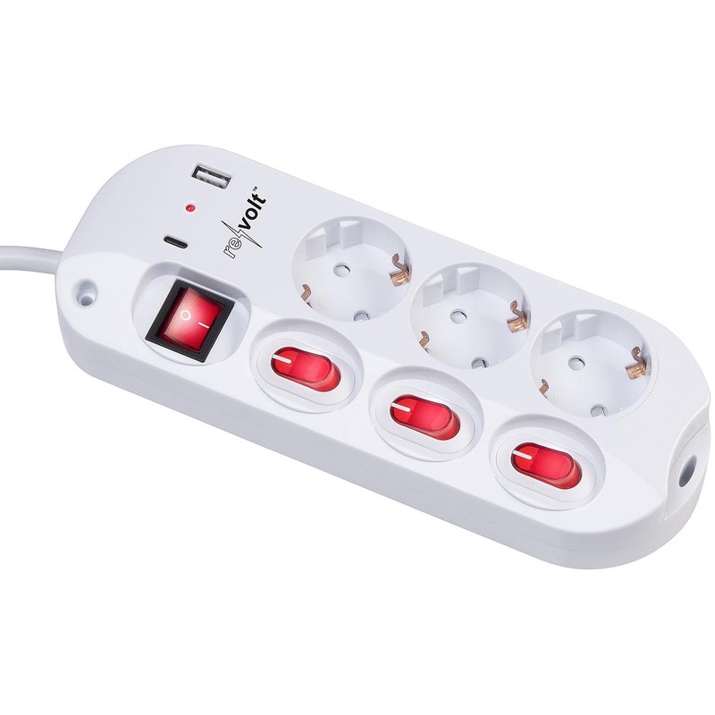 revolt Multi Power Strip: 3-Way Power Strip, Individually Switchable, with