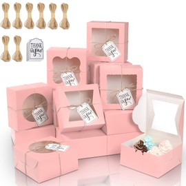 KPOSIYA 65PCS Bakery Boxes with Window 6x6x3 Inches 5 Style Cookie Boxes Small Pastry Boxes for Candy, Dessert, Pastry, Donuts, Birthday Party, Wedding(Pink)