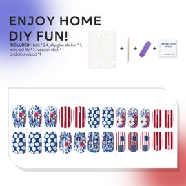 Independence Day Medium Coffin Press on Nails Red White & Blue Fake Nails with Stripes and Floral Designs Patriotic False Manicure Full Cover Glue on Manicure for Women 24 Pcs