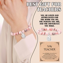 Landical 12 Set Back to School Teacher Gifts from Students New School Year Gifts Thank You Natural Stone Apple Bracelet for Women Birthday Teacher with Message Cards(Multi Color)
