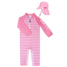 weVSwe Baby Girl Swimsuit Pink Stripe Toddler Rash Guard Swimwear Easy Diaper Changes with Swim Hat 18-24 Months