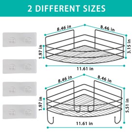 Corner Shower Shelves with 4 Hooks, 2-Tier Stainless Steel Bathroom Shower Organizers, Wall Mounted Caddy Shelves No Drilling with Adhesive, Triangle Storage Shelf for Toilet, Dorm and Kitchen, Black