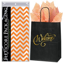 Flexicore Packaging Black Kraft Paper Welcome Bags & Orange Gift Wrap Tissue Paper | Size: 8 Inch X 4.75 Inch X 10.5 Inch | Count: 50 Bags | Color: Orange Chevron