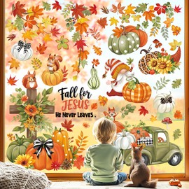 wondever Fenstersticker Herbst Kürbis Blätter Fenster Aufkleber Religiöses Christlich Erntedankfest Kreuz LKW Fensterbilder Fensteraufkleber Anti-Kollision Doppelseitig Glasaufkleber Glas Deko