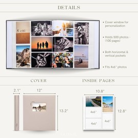 Premium Scrapbook Album – Acid-Free Photo Album with Writing Space – 100 Pages for Size 4x6 – Holds 500 Photos – Wedding, Baby, Travel & Family Memories (Taupe/Grey)