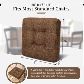 Wellsin Chair Cushions for Dining Chairs, Kitchen Chair Cushions Set of 4, Tufted Chair Pads with Non-Slip Bottom, 16"x16"x4", Brown