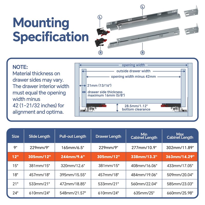 ToBeGreat 1 Pair Undermount Drawer Slides 12 Inch 80 lb
