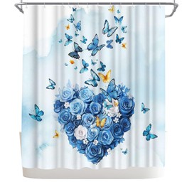 WELMECO Flower and Butterfly Shower Curtain, Romantic Heart Bathroom Decor Polyester Fabric 72x72inch Bath Curtain with Hooks (Blue)