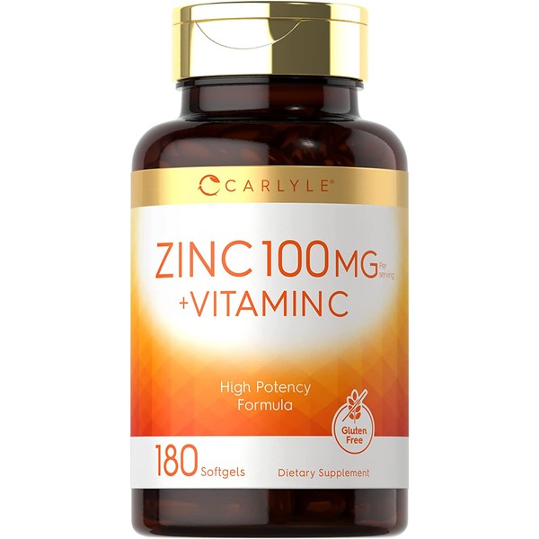 Zinc 100mg with Vitamin C | 180 Softgels | Non-GMO, Gluten Free Supplement | by Carlyle