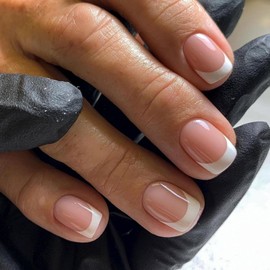 Ceboic 24Pcs Short French False Nails, Square Nude Ballerina Press on Nails with Glue Stickers, Acrylic Full Cover Fake Nails Removable Stick on Nails for Women and Girls - White Border