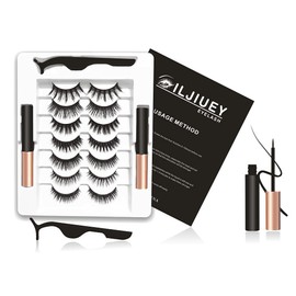 ILJIUEY 7 Pairs Reusable Magnetic Eyelashes and 2 Tubes of Eyeliner Kit, Upgraded 3D Kit With Tweezers Inside, Eyelash - No Glue Needed 10 Piece Set