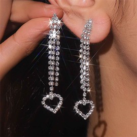 Allereya Vintage Chandelier Dangle Earrings Crystal Tennis Chain Dangle Earrings Long Tennis Chain Earrings Silver Rhinestone Heart Love Earrings Jewellery for Women and Girls, Zinc, No Gemstone