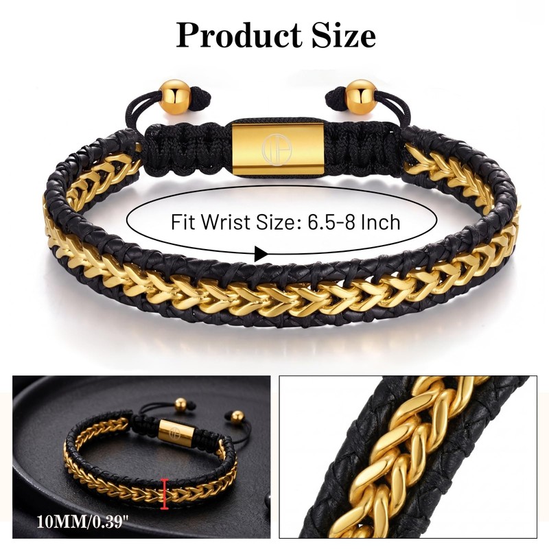 WP WEPICK Mens Bracelet Leather 18K Gold Plated Braided Cuff