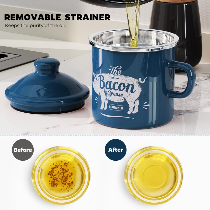 Mini Bacon Grease Container With Strainer - 15OZ Enamel Grease