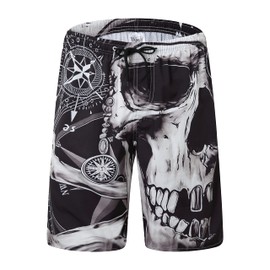Mens Swim Trunks for Men, Black White Pirate Skull Compass Heavy Metal Mens Board Shorts Swimwear Bathing Suit with Mesh Lining, Funny Hawaii Quick Dry Beach Shorts for Men Swimming Trunks, Large