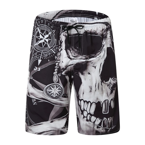 Mens Swim Trunks for Men, Black White Pirate Skull Compass