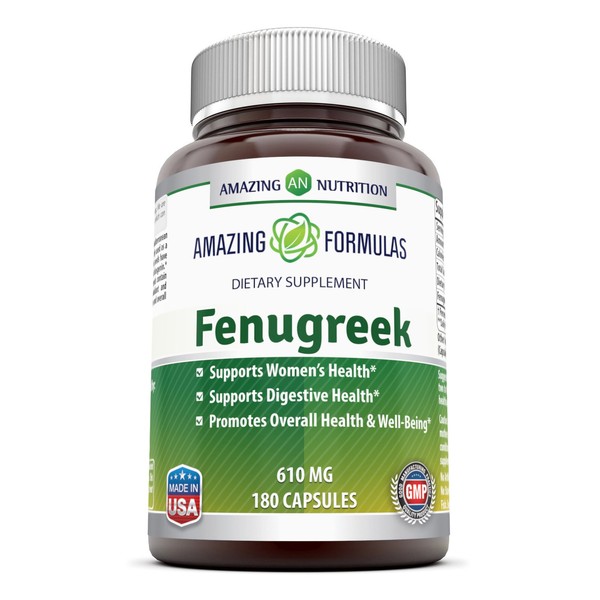 Amazing Formulas Fenugreek Seed Supplement 610 Mg 180 Veggie Capsules-Supports Women's Health Supports Digestive Health (Non GMO,Gluten Free)