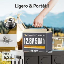 Power Queen Batería Litio 12V 50Ah Batería LiFePO4 640Wh con 50A BMS Batería Recargable hasta 15000+ Ciclos Profundos Bateria de Fosfato de Hierro y Litio para Solar Hogares Camping Scooter Eléctrico