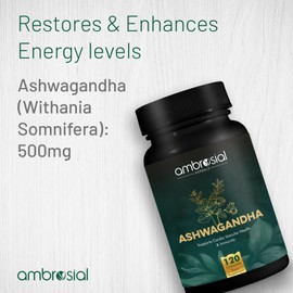 Ambrosial Ashwagandha Capsules 500mg per Capsule | High Strength Ashwagandha Root Powder| Herbal Supplement with Immunity Support | Non-GMO & Gluten Free (Pack of 1-120 Capsules)
