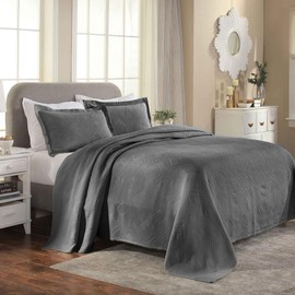 TRP 3 Piece Jacquard Geometric Pattern Cotton Bedspread Full Size Raised Matelasse Woven Design | Shabby Chic Bedding All Seasons Charcoal Gray Color Plush Cozy Feel Cottage Core Coverlet Set