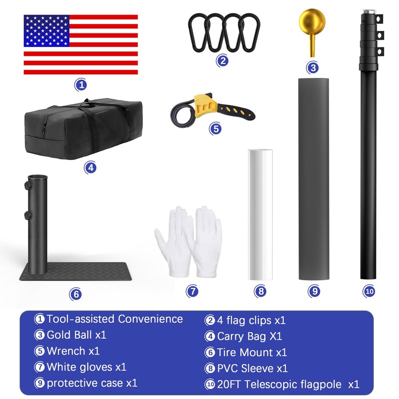 IOEN 20FT Telescoping Flag Pole Kit with Tire Mount &