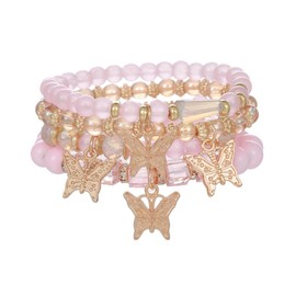COLORFUL BLING 4-5Pcs Adjustable Cute Butterfly Stackable Stretch Bracelet Multilayer Bohemian Crystal Beads Strand Wrap Bracelet Statement Jewelry Gifts for Women-pink