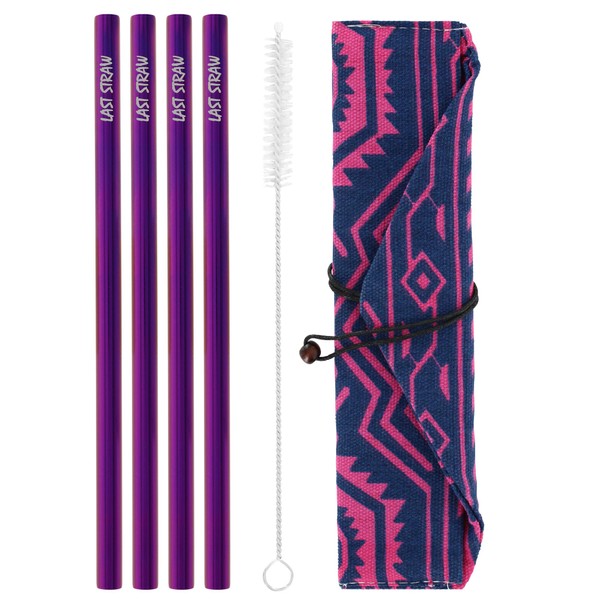 LAST STRAW Geometric Roll Bag Collection – Stainless Steel Purple Cocktail Straws and Brush in a Geometric Rollbag. 7.5" in length, 8mm in width.