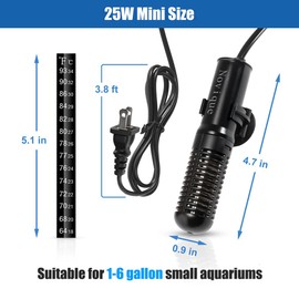 Novique 25W Mini Aquarium Heater Submersible Constant Temperature Fish Tank Betta Heater Free Thermometer Sticker Suitable for 1-6 Gallons Saltwater and Freshwater Tanks