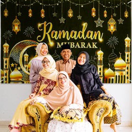 Ramadan Mubarak Banner, Large Ramadan Mubarak Backdrop Banner Black Gold Muslim Ramadan Mubarak Kareem Backdrop for Indoor Outdoor Al-Fitr Party Supplies 180 x 110cm