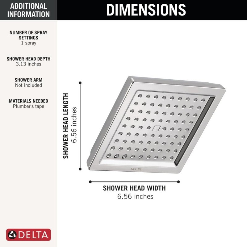 Delta Chrome Rain Shower Head, 6.5 Inch Square Shower Head