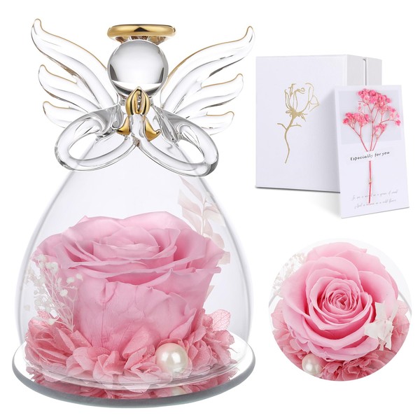 Mother's Day Gifts for Mother's Day, Eternal Rose with Glass Angel, Stabilized Rose Real Mum Birthday Gift, Glass Angel Figurines with Eternal Flowers, Guardian Angels for Her