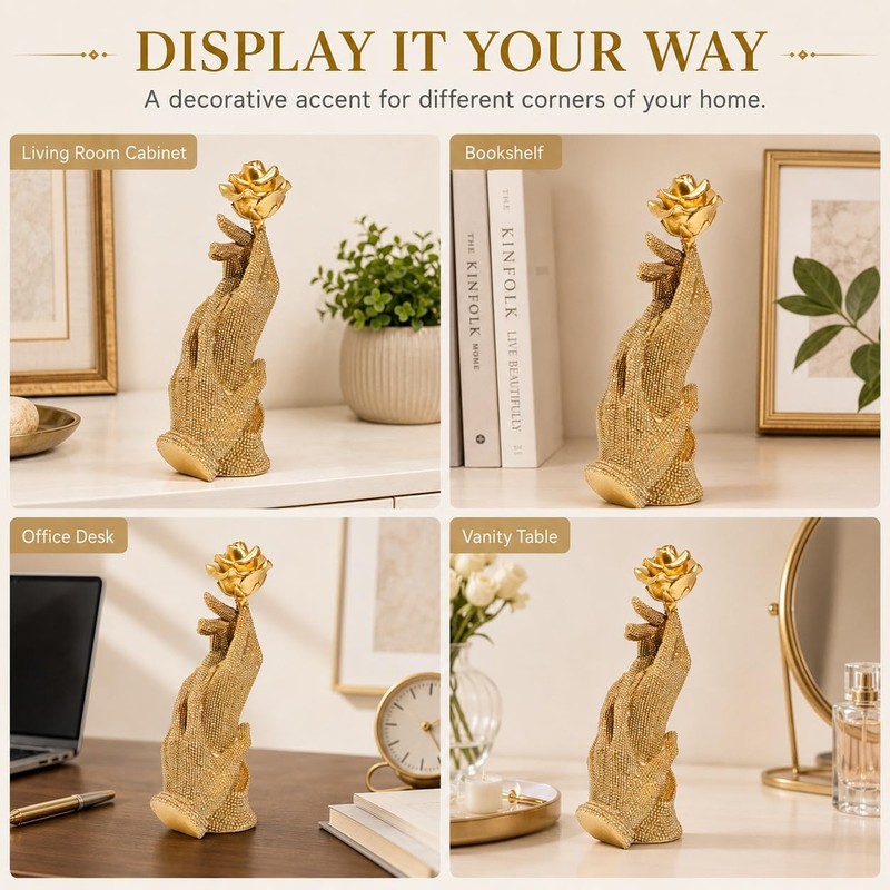 MOTIAHOOM Gold Hands Holding Rose Figurine