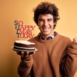 Decoración para tartas de 46 años con purpurina para fiestas de cumpleaños de 46 años, suministros divertidos para decoración de tartas de 46 cumpleaños para mujeres, hombres, papá, mamá, él, ella, decoración de pasteles, color rojo y negro