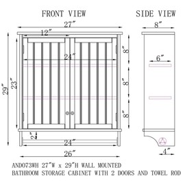 Alaterre Furniture Dover Wall Mounted Bathroom Storage Cabinet with Towel Rod, 27" W x 29" H, 2 Doors, White