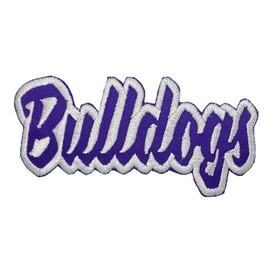Bulldogs Mascot, Team Name, Embroidered, Iron on Patch (Purple Twill/White Outline)