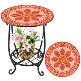 Cinnvoice Outdoor Side Table Round Small Mosaic Patio Accent Indoor End Plant Metal Coffee Tea Table for Yard Porch Garden Patio Living Room, Bedroom(Mandala B Style,14 Inch)