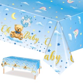 137 x 274 cm Blue Teddy Bear Tablecloth for Baby Boys Plastic Rectangular Tablecloth, Gender Reveal Tablecloth for Baby Shower Boys Blue Bear Theme Birthday Party Decoration