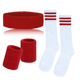 Sucrain 5 Pieces Striped Sweatbands and Socks Set, Sports Sweatbands Wrist Sweat Bands Red&White High Tube Socks 80s Accessories Costumes Christmas for Men Women (Red)