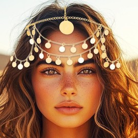 Kilshye Gold Sequin Head Chain Coin Headpiece Hair Chain Festival Costume Headband for Women