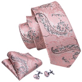 Barry.Wang Man Pink Solid Necktie Silk Paisley Tie Sets Woven Pocket Square Cuff Links Wedding
