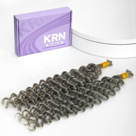 KRN Gray Human Hair Bundles Deep Curly 100g Grey Braiding Hair for Boho Braids 12A Salt And Pepper Wet and Wavy Bundles 18Inch