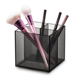 iDesign Sarah Tanno Signature Series Makeup and Brush Holder with 3 Compartments, Plastic Makeup Container for Brushes, Liner, Lipsticks, Grey, RPET 10.41/10.41/10.67