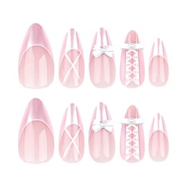Press on Nails Medium Almond False Nails Pink French Fake Nails Cute Bow Tie Pearl Design Sweet Nails Artificial Acrylic Nails 24Pcs Full Cover Glossy Reusable Coffin Nails Glue on Nails for Women