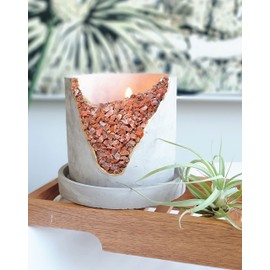 4” Crystal Plant Pot with Saucer - Cement Geode Planter - Concrete Pots for Plants - Modern Succulent Pot Indoor - Unique Air Plant Holder - Candle Holder - Small Plant Home Decor (Orange Carnelian)